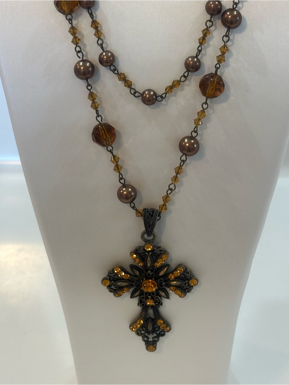 VTG Whimsigoth Bronze Pearl & Amber Crystal Double Strand Cross Pendant Necklace